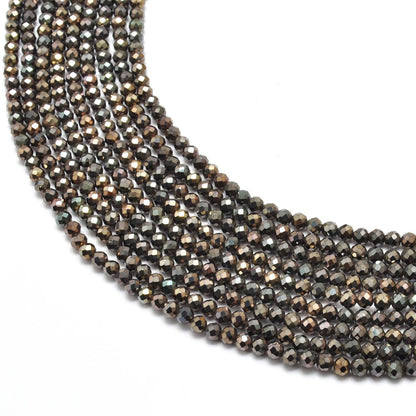 Brown pyrite faceted round beads 3-3.5mm 12.5 inch strand - front view