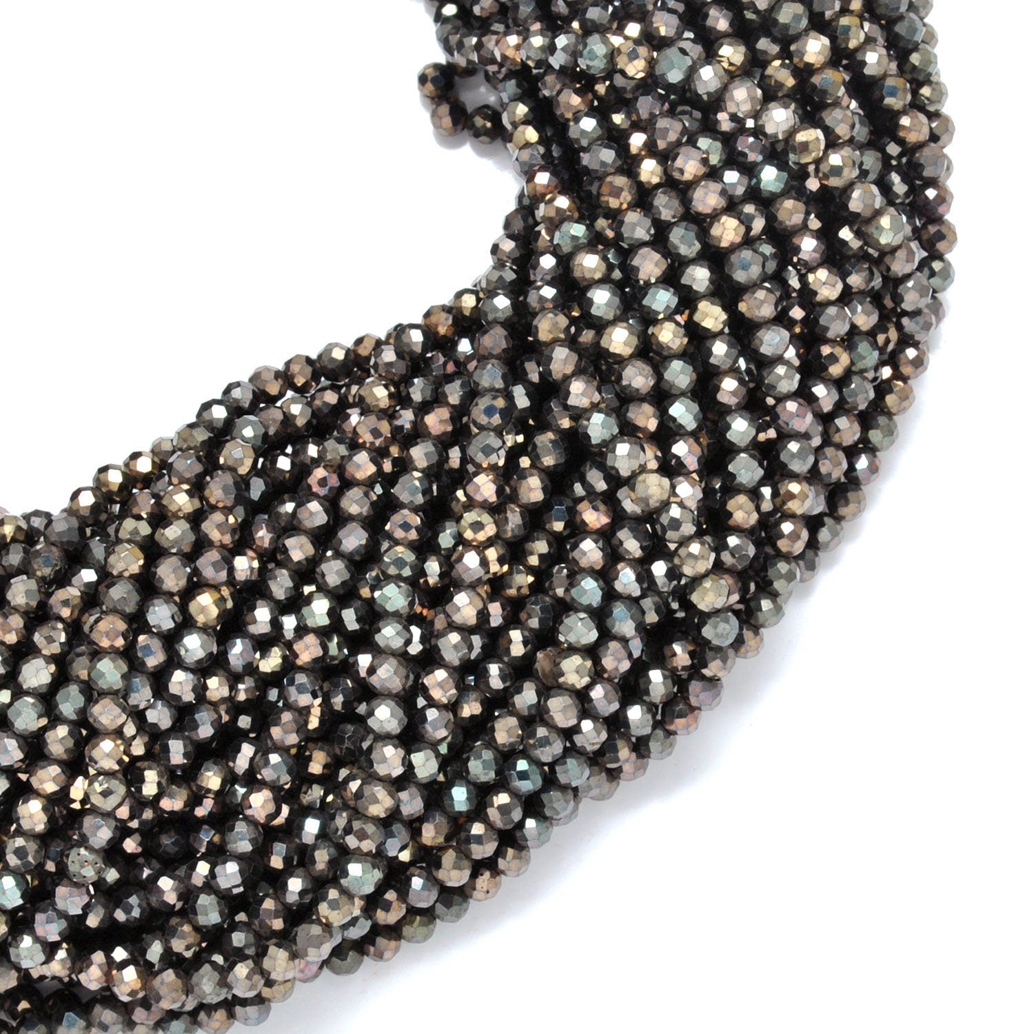 Brown pyrite round beads strand - overhead flat lay earthy tone