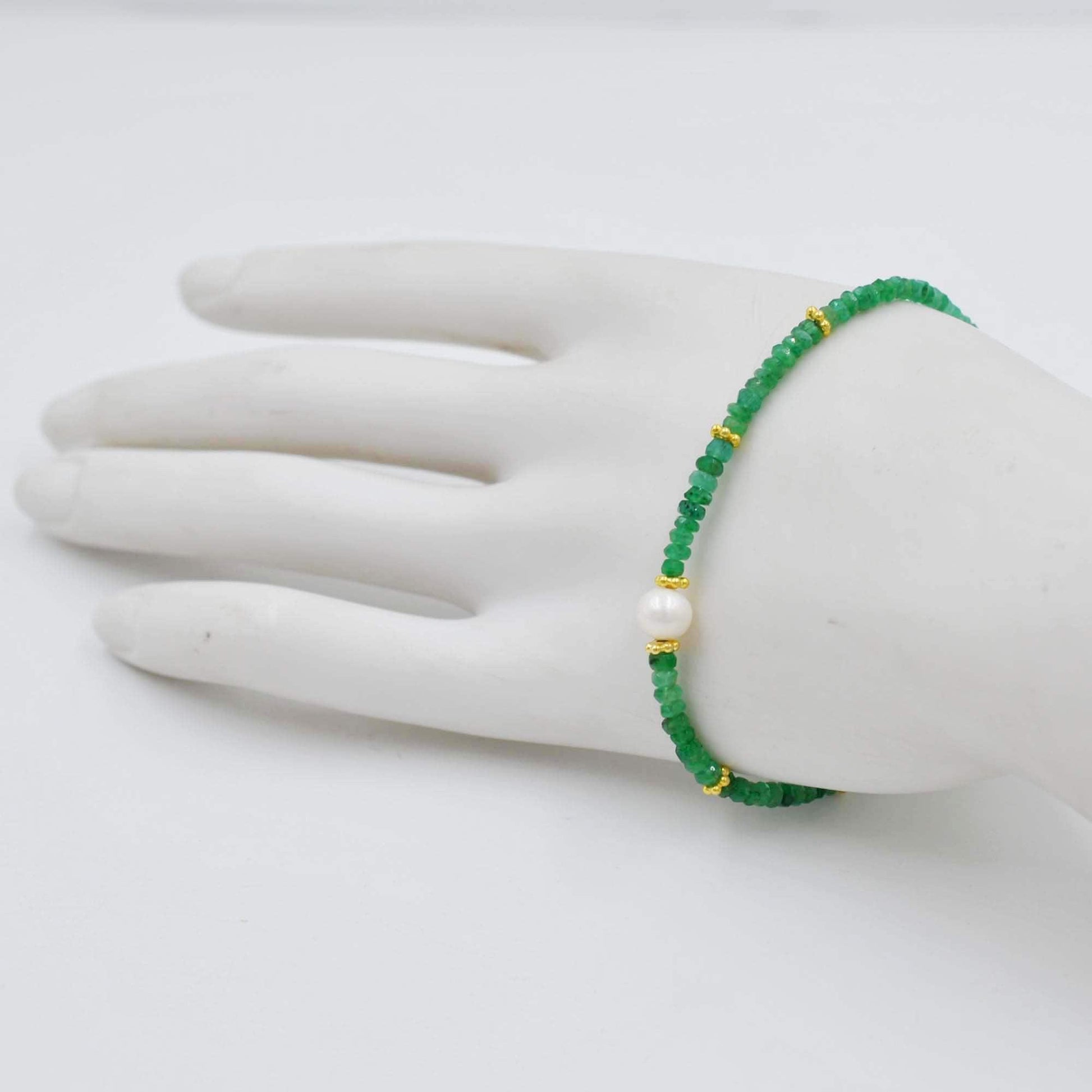 Dainty Emerald Beaded Bracelet Pearl Charm - Wrist Styled View