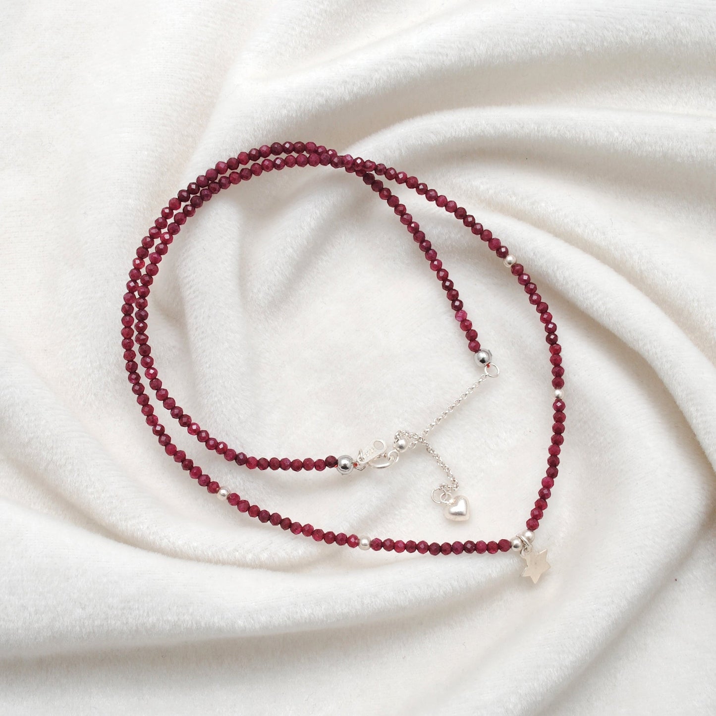 Delicate Ruby Beaded Necklace on Silver Chain - Close-Up Detail