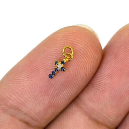 Diamond Sapphire Cross 14K Gold Charm – Side Profile