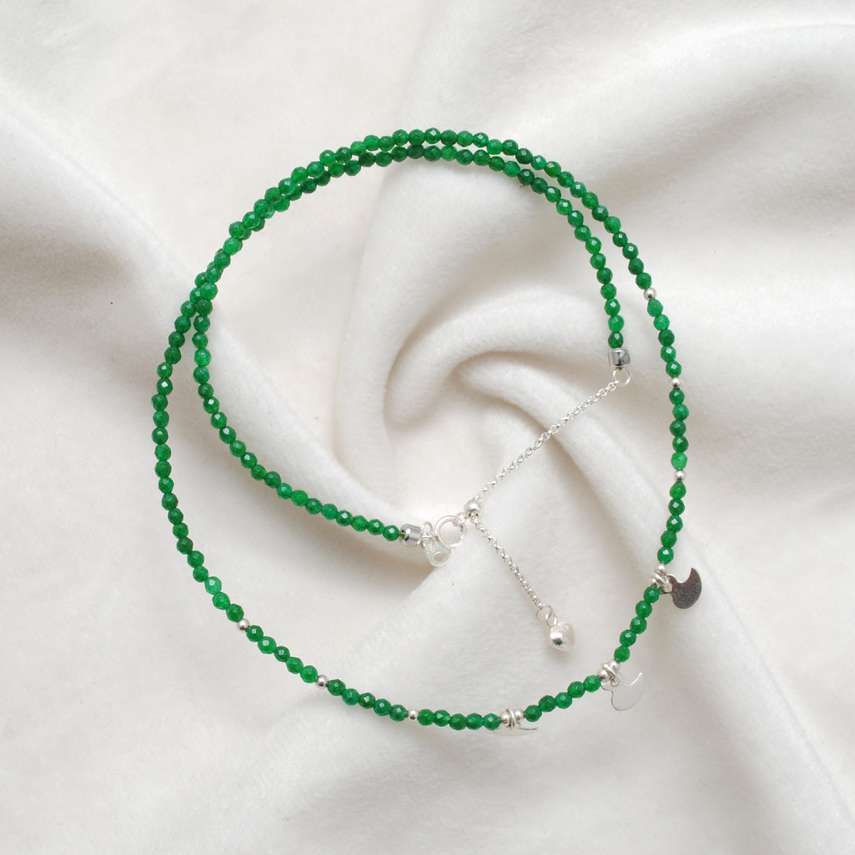 Emerald Beaded Charm Strand Necklace - Side Profile Green Gemstone