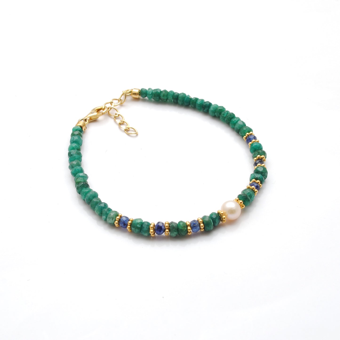 Emerald Blue Sapphire Pearl Beaded Bracelet - Lifestyle Flat Lay