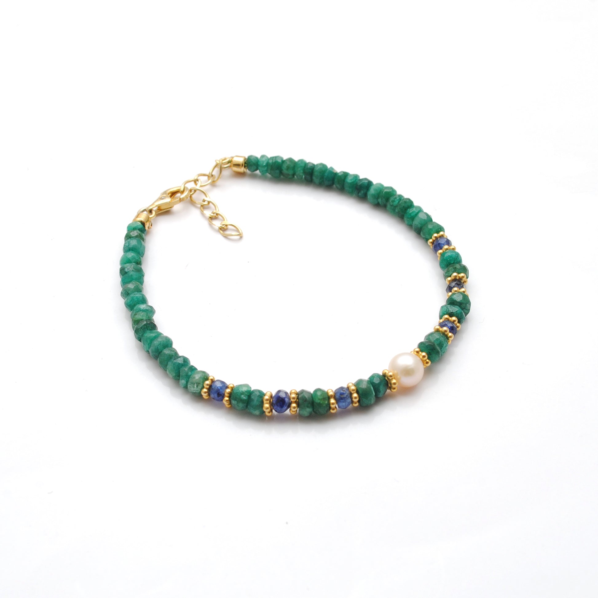 Emerald Blue Sapphire Pearl Beaded Bracelet - Lifestyle Flat Lay