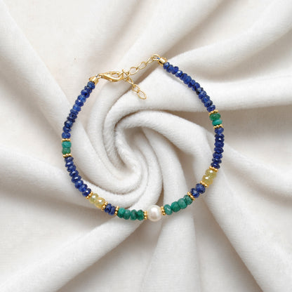 Emerald Blue Sapphire Pearl Beaded Bracelet - Side Profile Gemstone