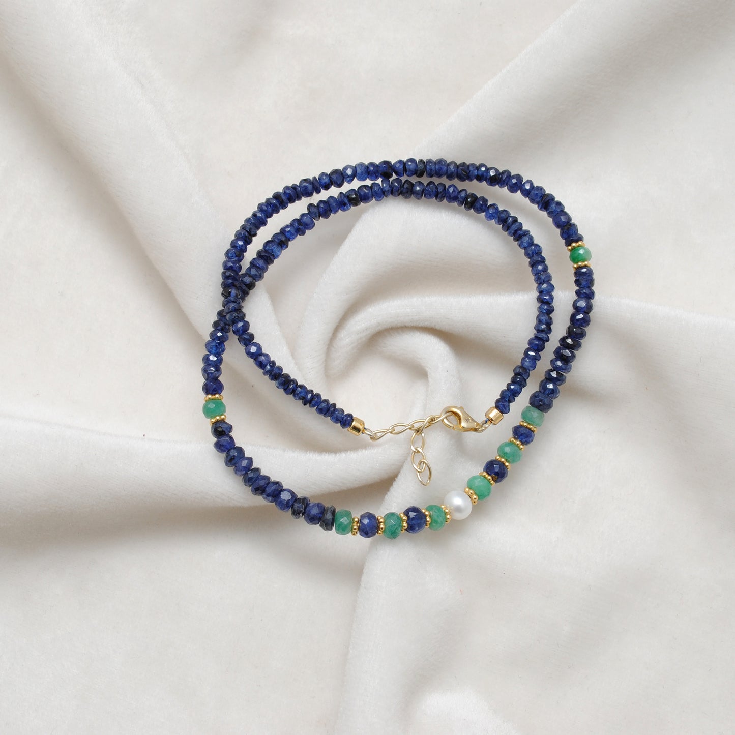 Emerald Blue Sapphire Pearl Beaded Necklace - Lifestyle Styled View
