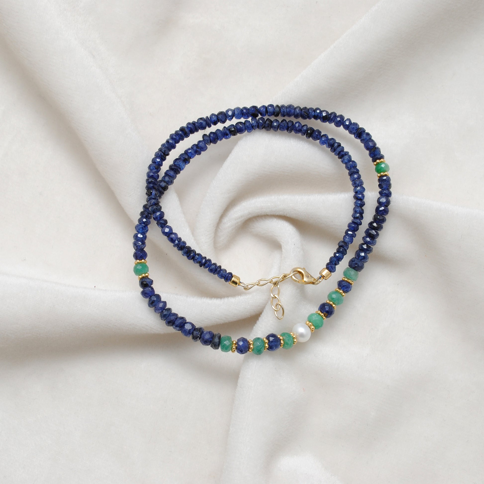Emerald Blue Sapphire Pearl Beaded Necklace - Lifestyle Styled View