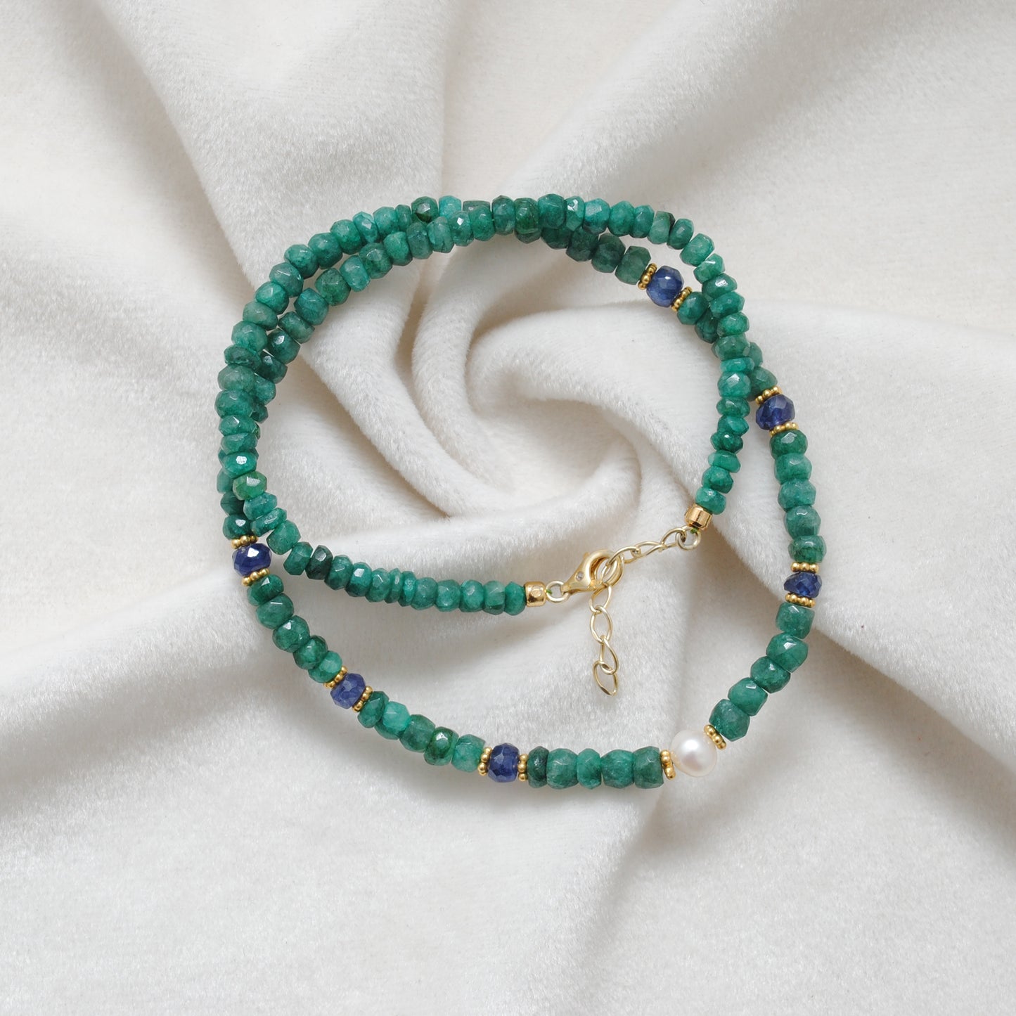 Emerald Rondelle Pearl Strand Necklace - Side Profile Handmade