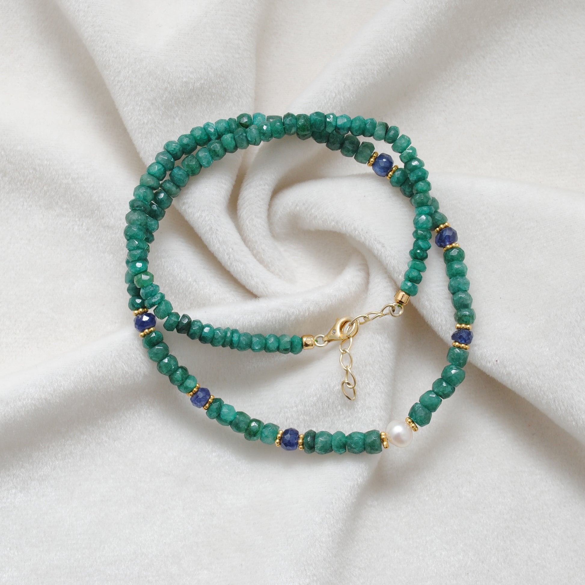 Emerald Rondelle Pearl Strand Necklace - Side Profile Handmade