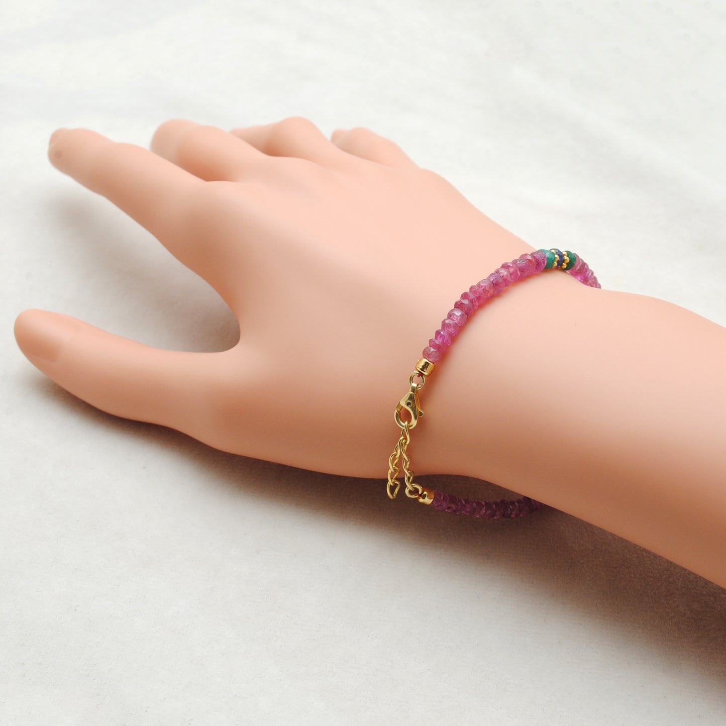 Emerald Ruby Blue Sapphire Beaded Bracelet - Side Profile Gemstone