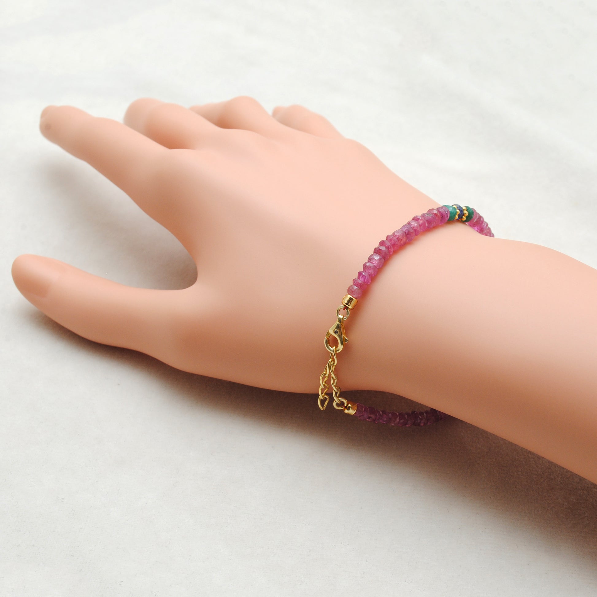 Emerald Ruby Blue Sapphire Beaded Bracelet - Side Profile Gemstone