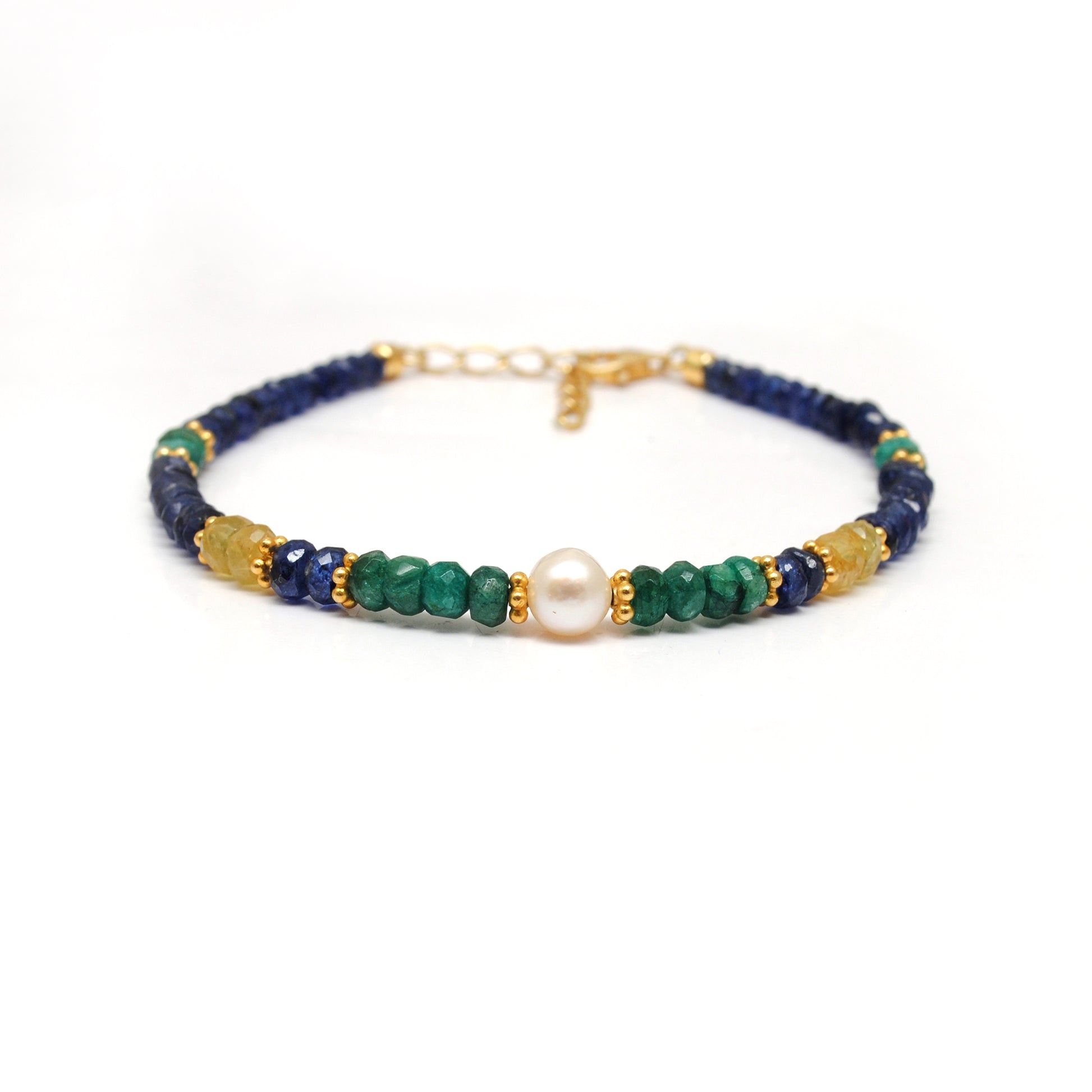 Emerald Sapphire Pearl Beaded Bracelet - Lifestyle Flat Lay View