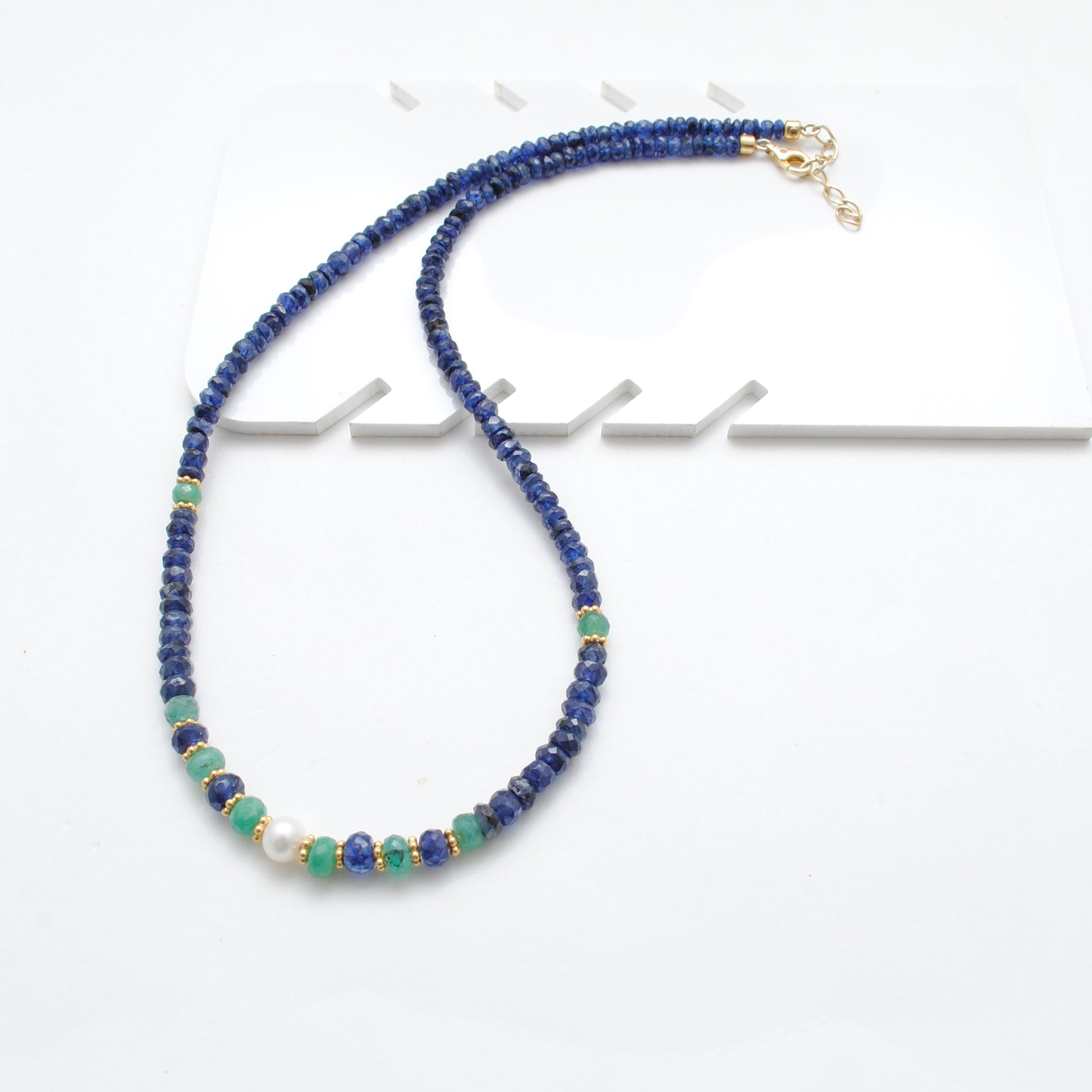 Emerald Sapphire Pearl Gemstone Necklace - Clasp and Extension Detail
