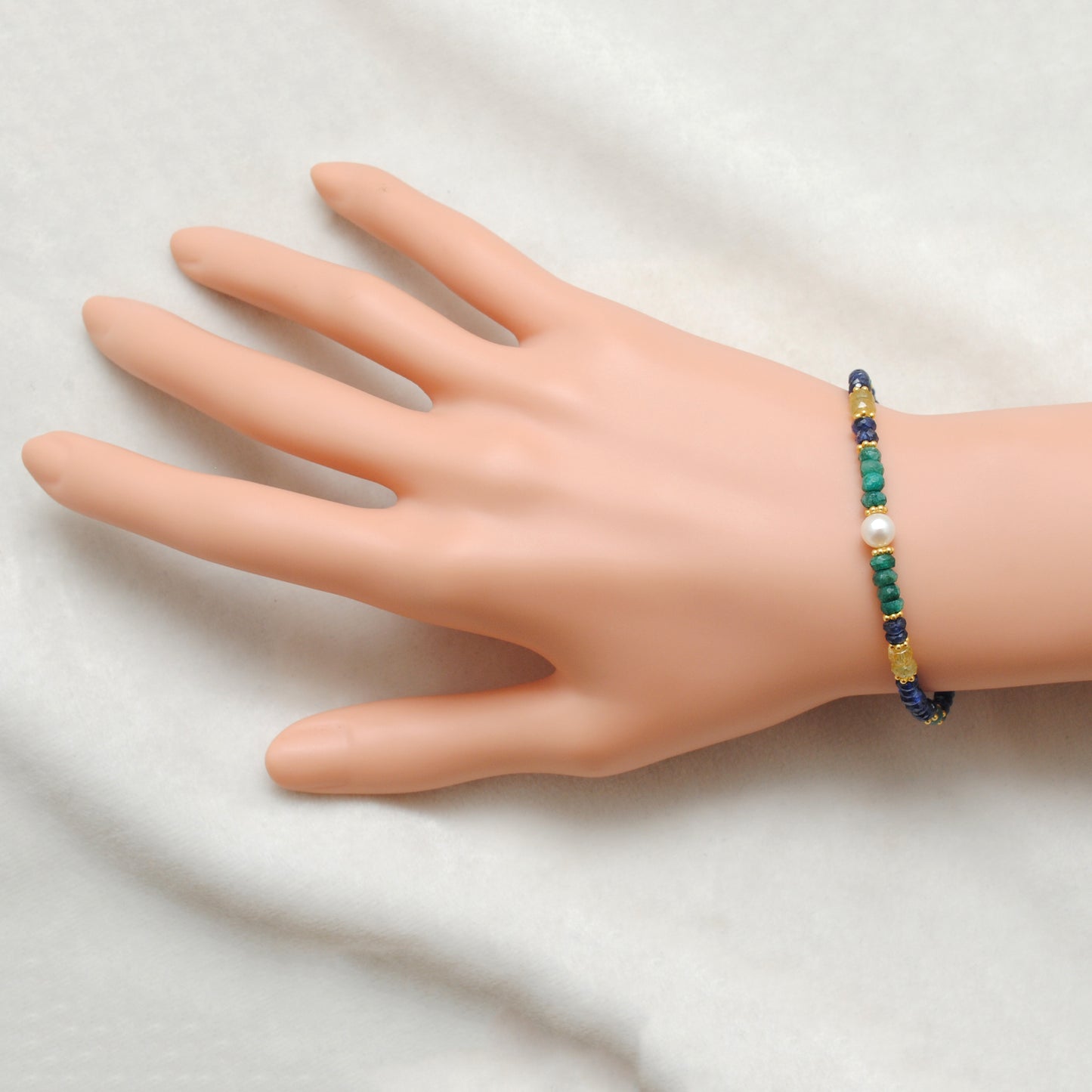 Emerald Sapphire Pearl Multi-Gemstone Bracelet - Wrist Styled View