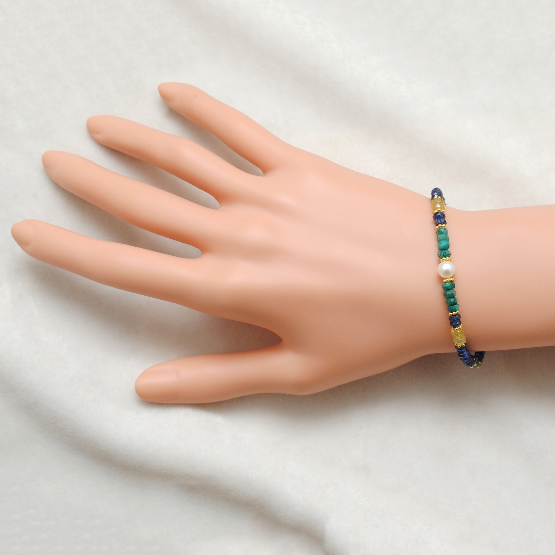 Emerald Sapphire Pearl Multi-Gemstone Bracelet - Wrist Styled View