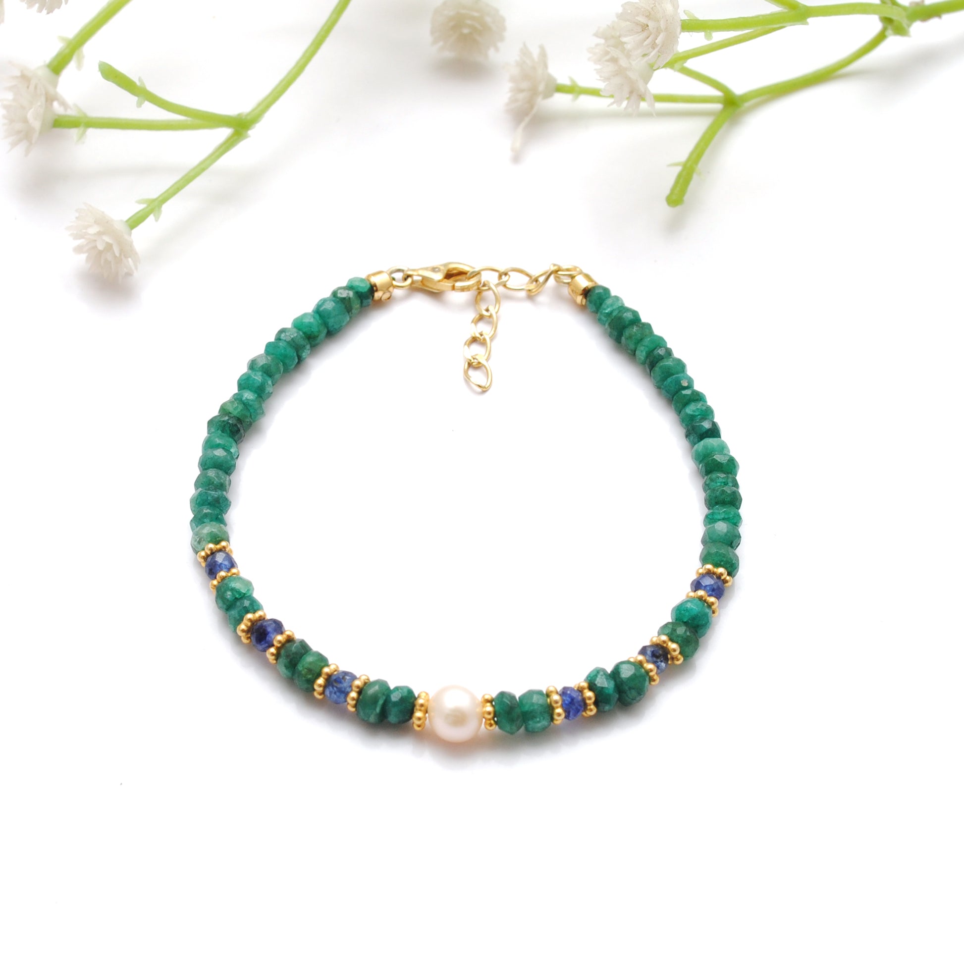 Emerald Sapphire Pearl Multi-Gemstone Bracelet - Wrist Styled View