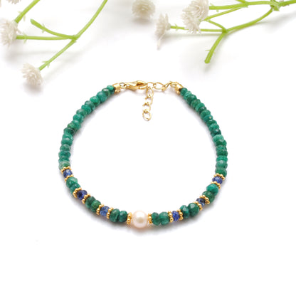 Emerald Sapphire Pearl Multi-Gemstone Bracelet - Wrist Styled View