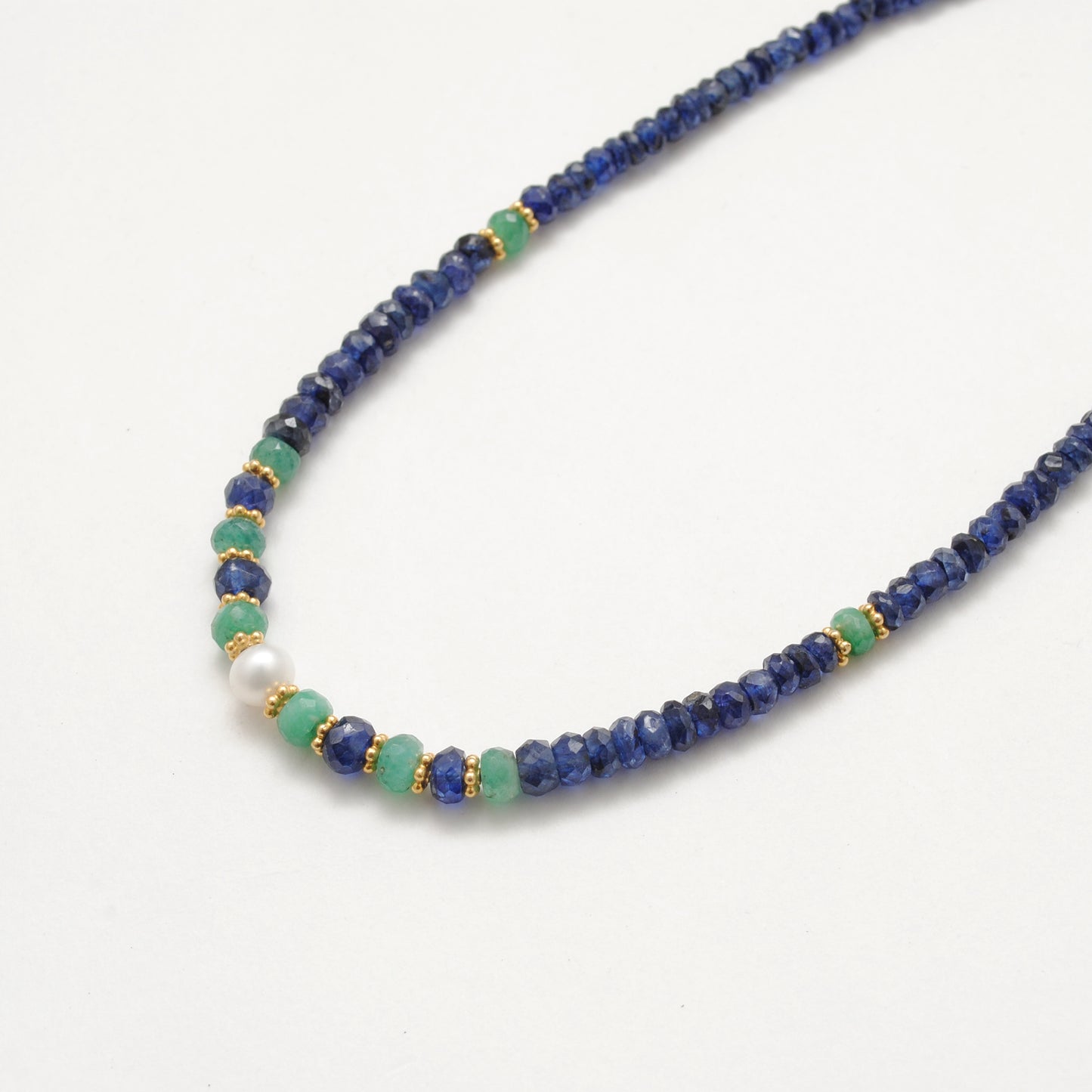 Emerald Sapphire Pearl Strand Necklace - Top View Gemstone Jewelry