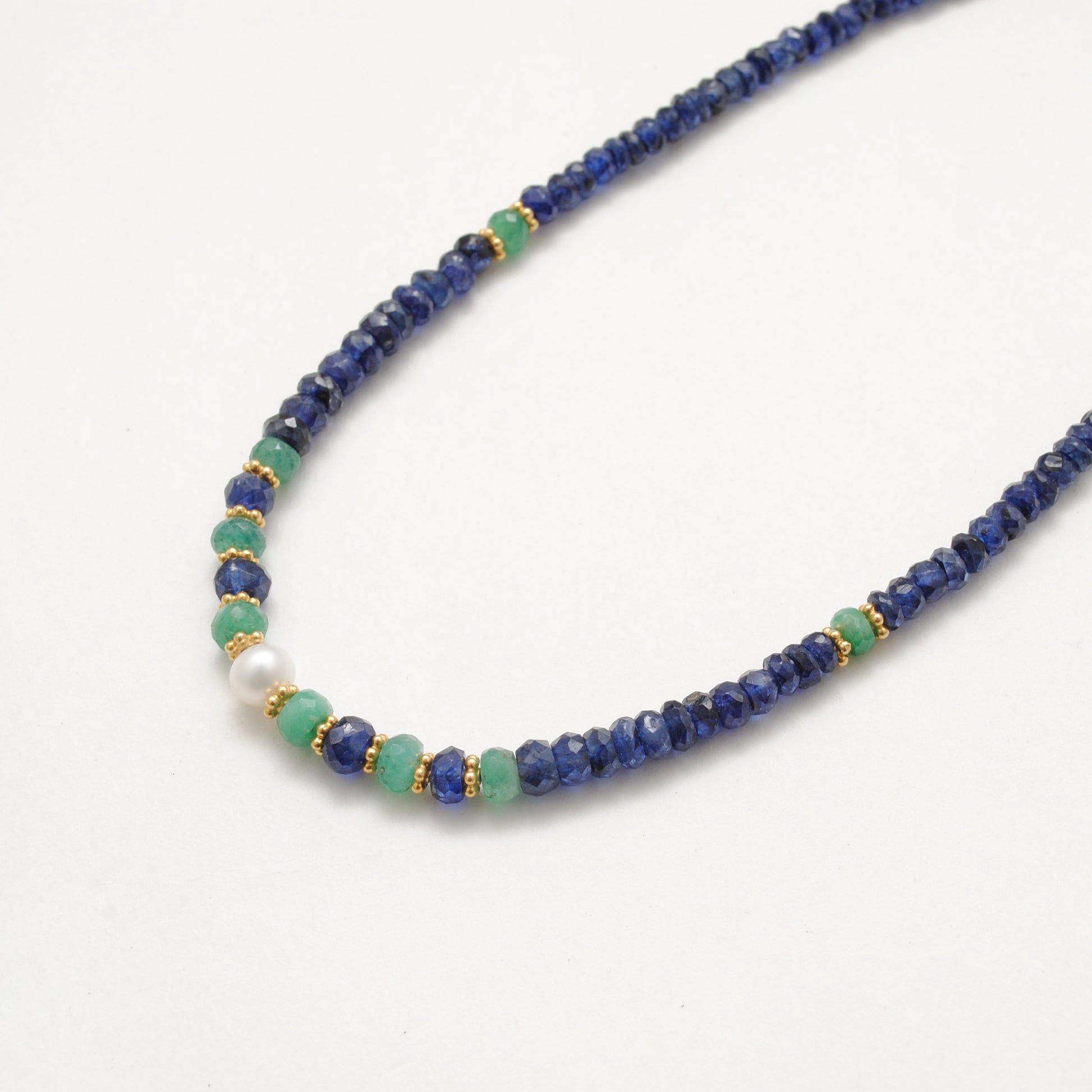 Emerald Sapphire Pearl Strand Necklace - Top View Gemstone Jewelry