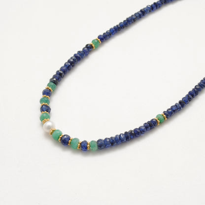 Emerald Sapphire Pearl Strand Necklace - Top View Gemstone Jewelry