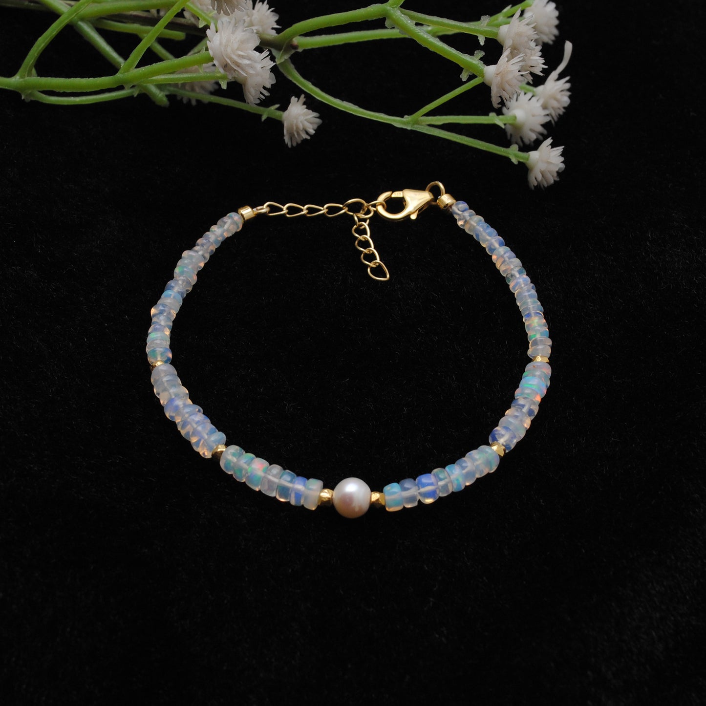 Ethiopian Opal Pearl Beaded Bracelet - Side Profile Gemstone