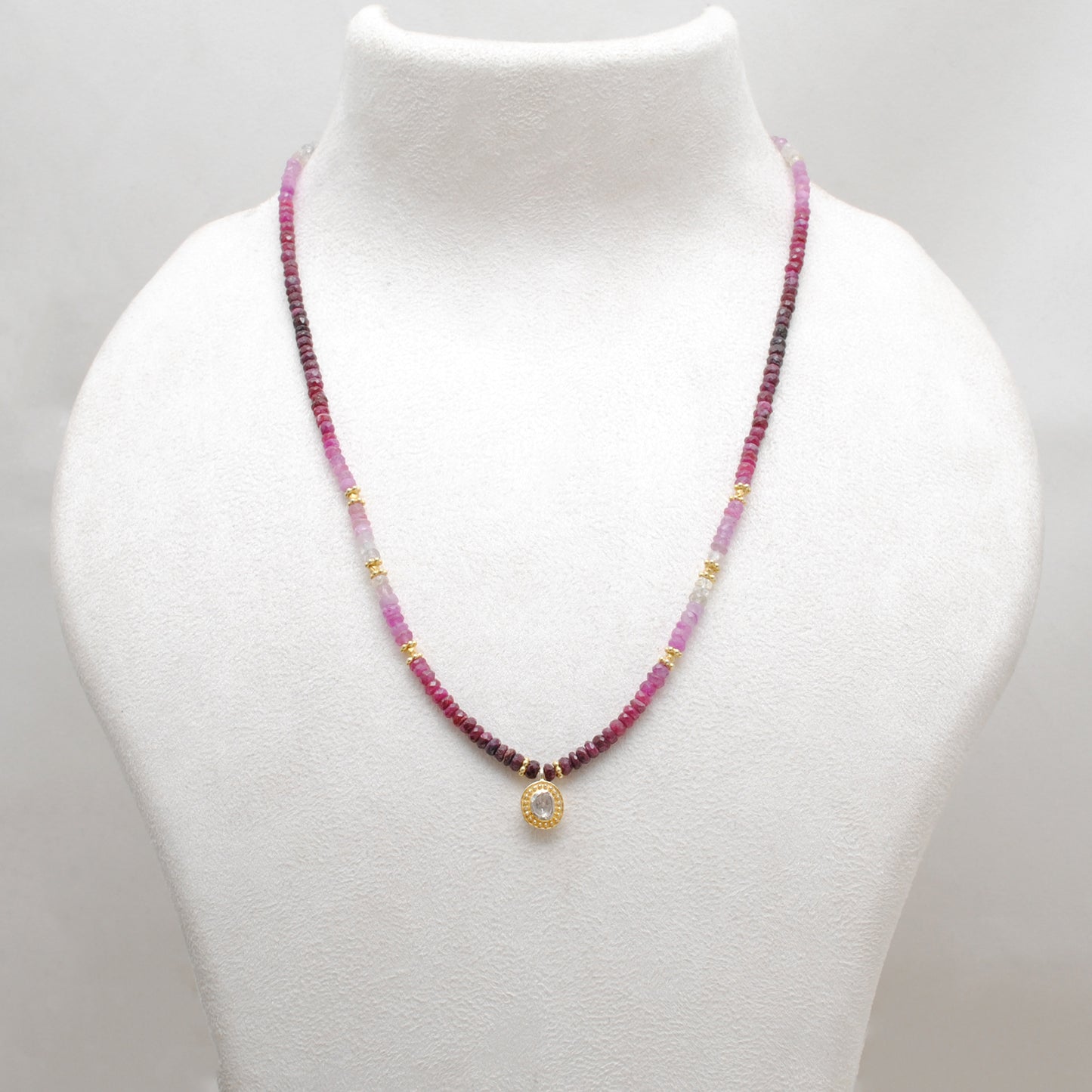 Genuine Ombre Ruby Beaded Necklace with Uncut Diamond Pendant - Front View