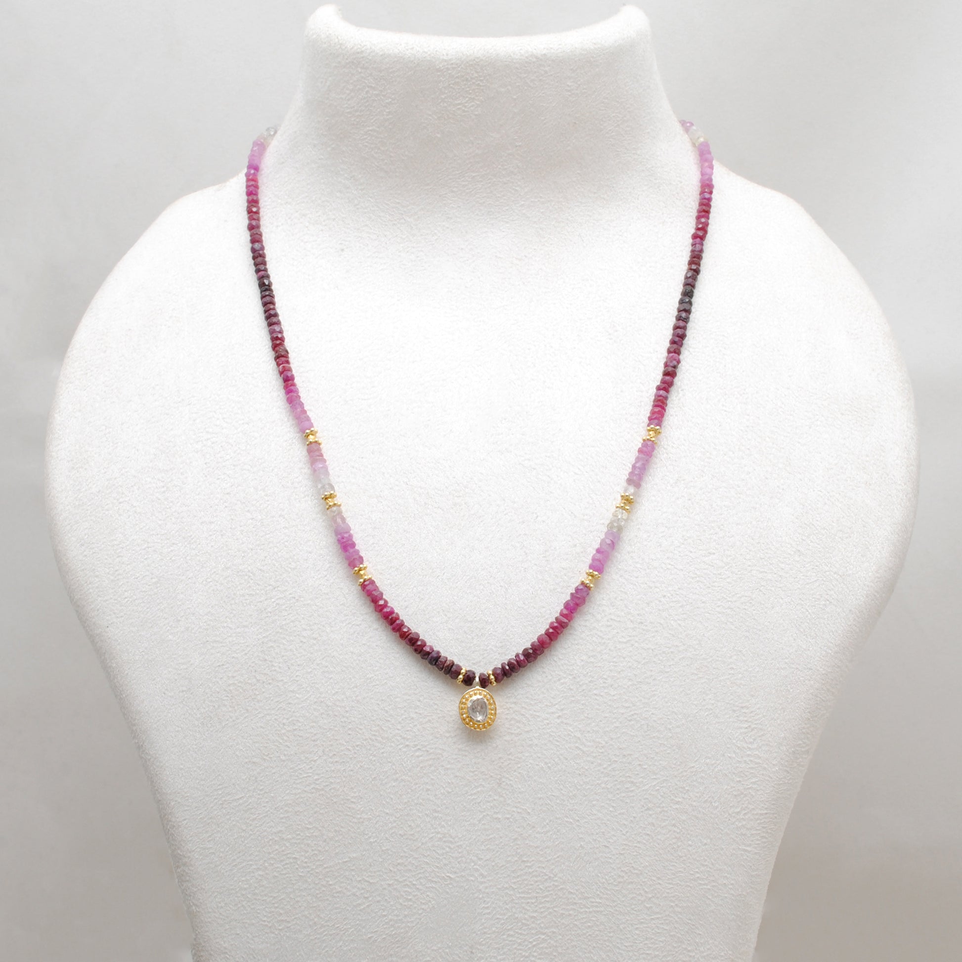 Genuine Ombre Ruby Beaded Necklace with Uncut Diamond Pendant - Front View