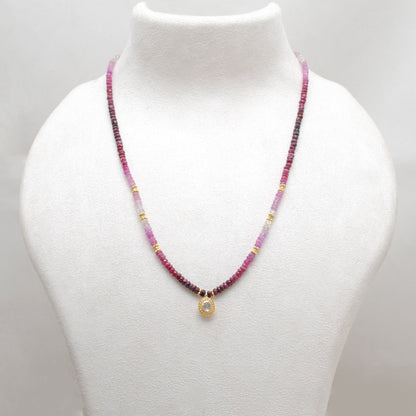 Genuine Ombre Ruby Beaded Necklace with Uncut Diamond Pendant - Front View