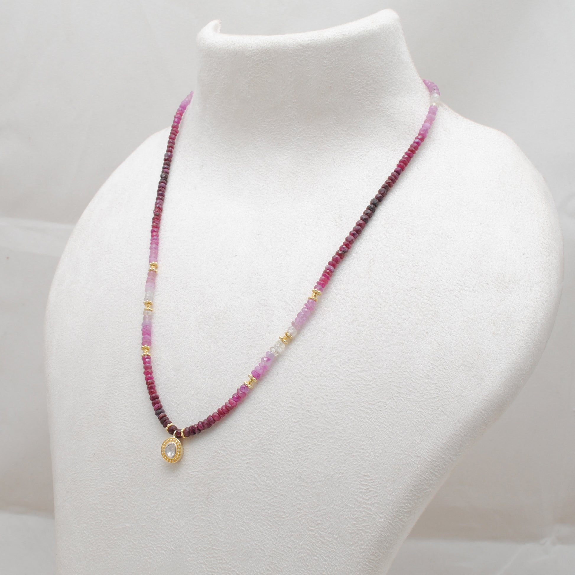 Genuine Ombre Ruby Gemstone Necklace with Diamond - Full Length View
