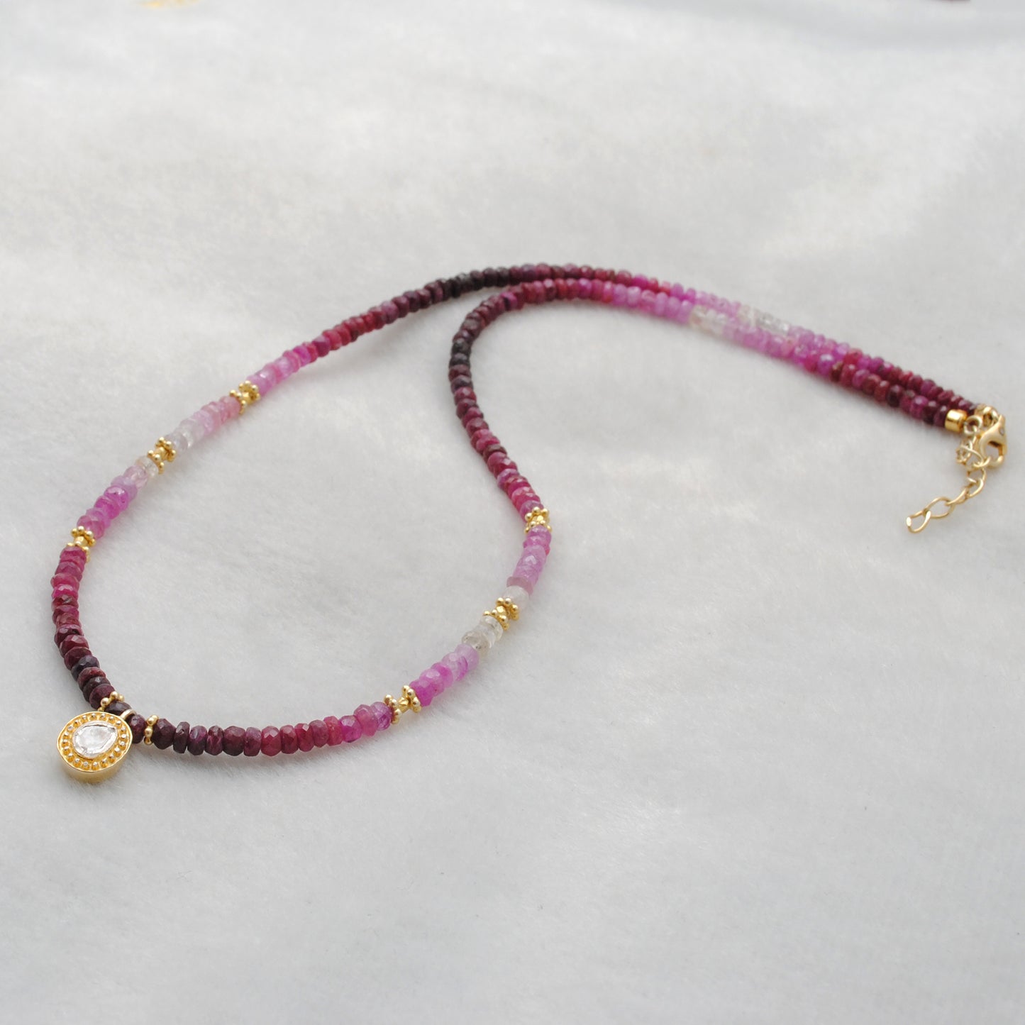 Genuine Ruby Ombre Beaded Necklace - Lifestyle Styled View