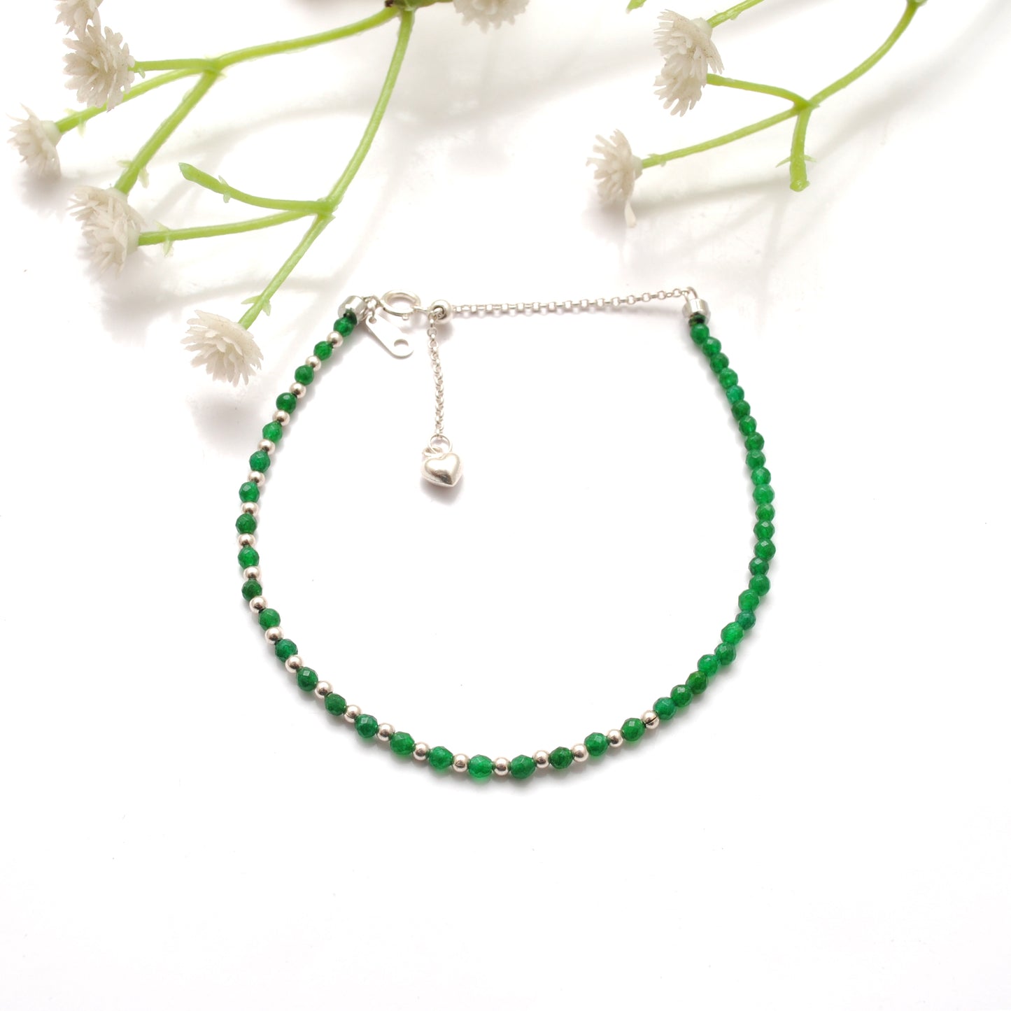 Green Onyx Tiny Bead Charm Bracelet for Women - Wrist Styled View