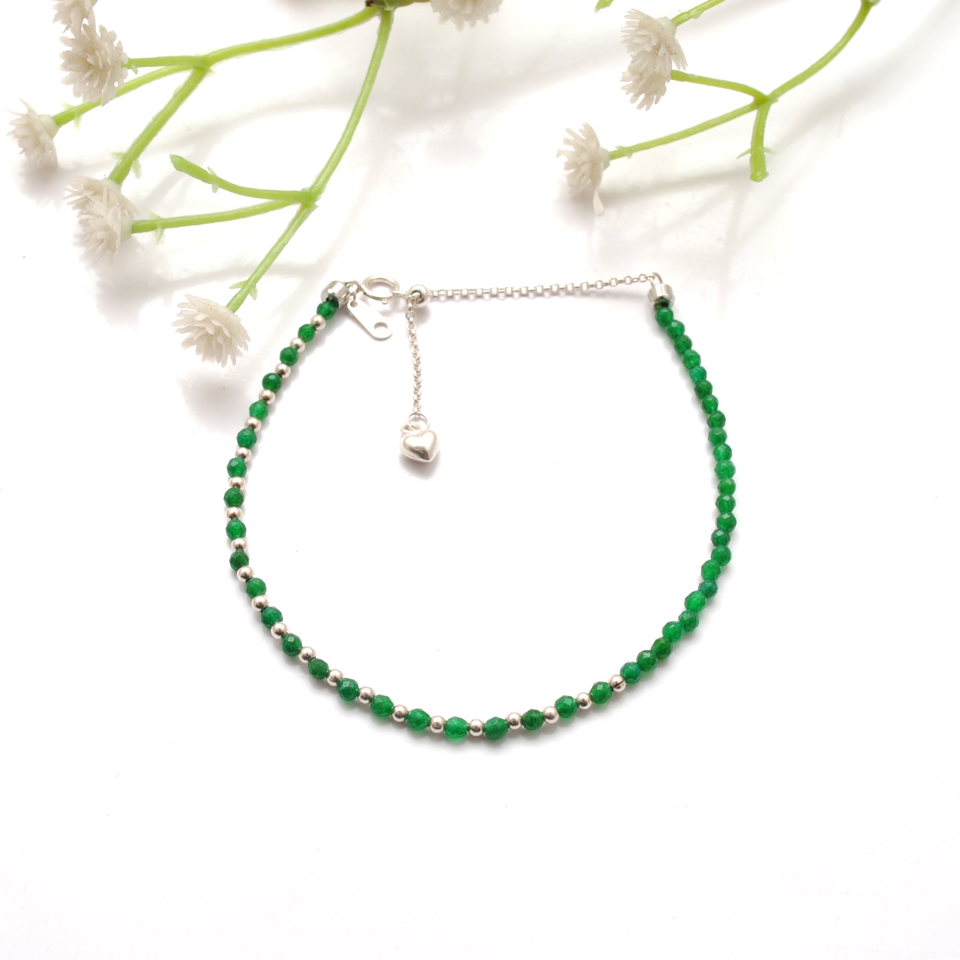 Green Onyx Tiny Bead Charm Bracelet for Women - Wrist Styled View