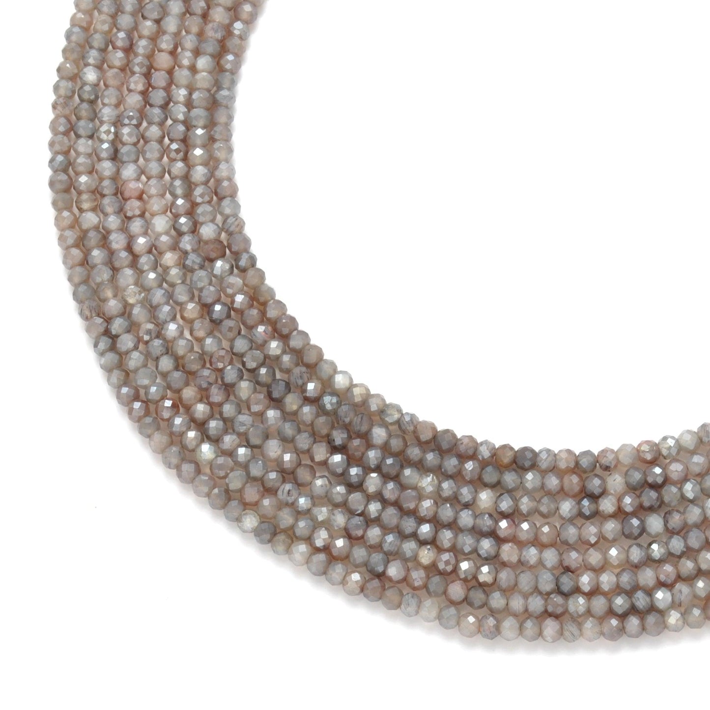 Grey moonstone rondelle beads 13 inch strand - front view silvery glow