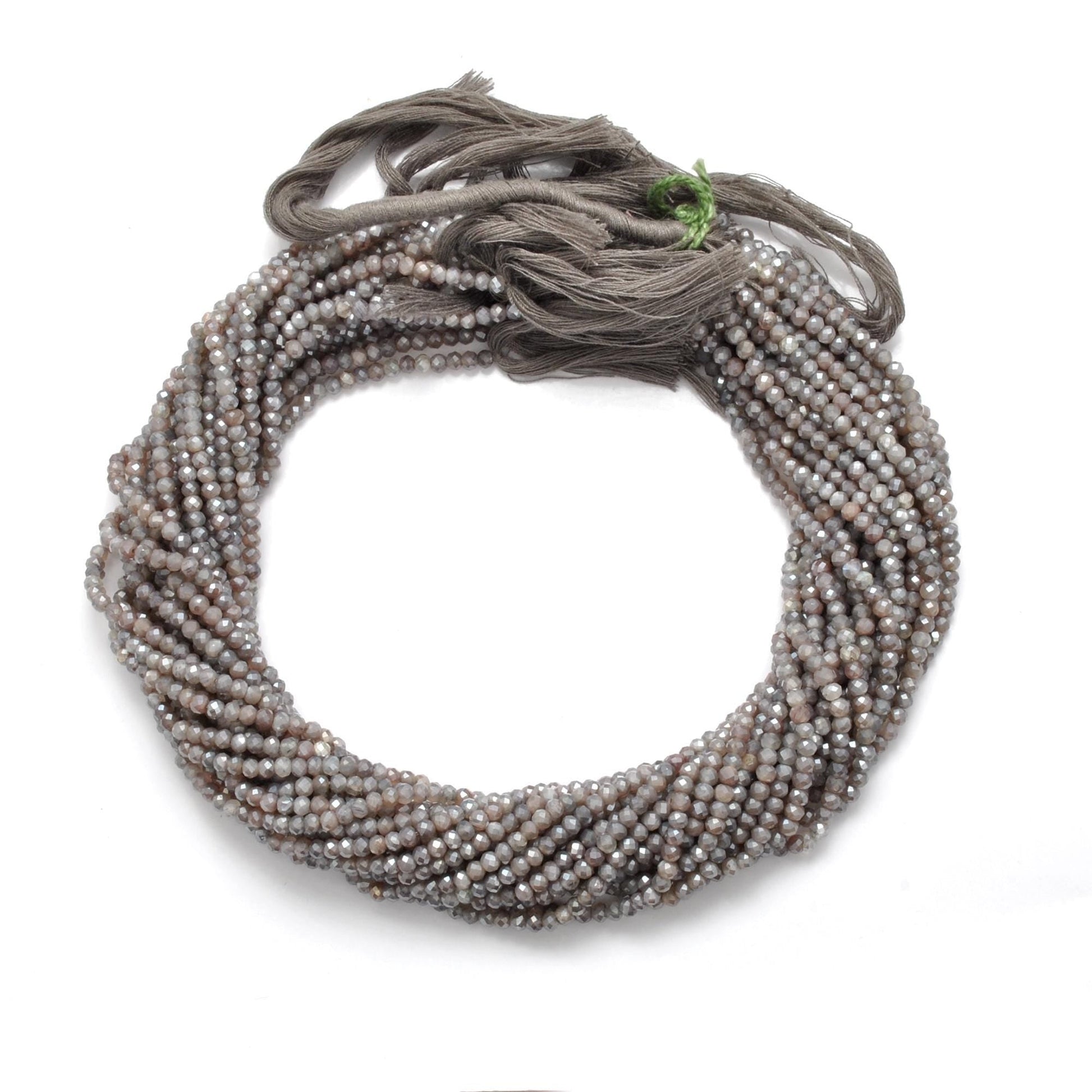 Grey moonstone rondelle strand 13 inch - overhead flat lay smoky
