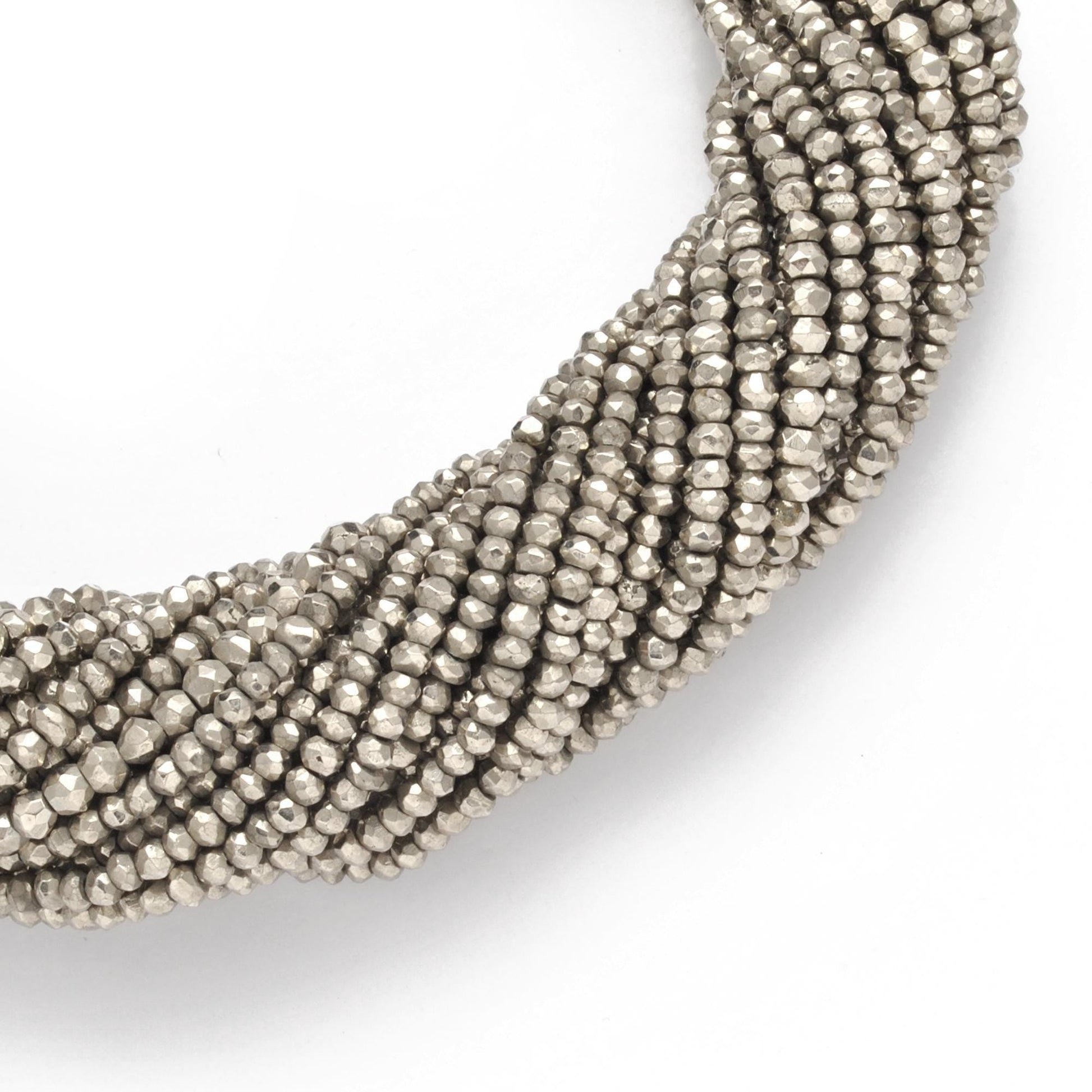 Grey pyrite rondelle beads - close-up metallic silver shimmer