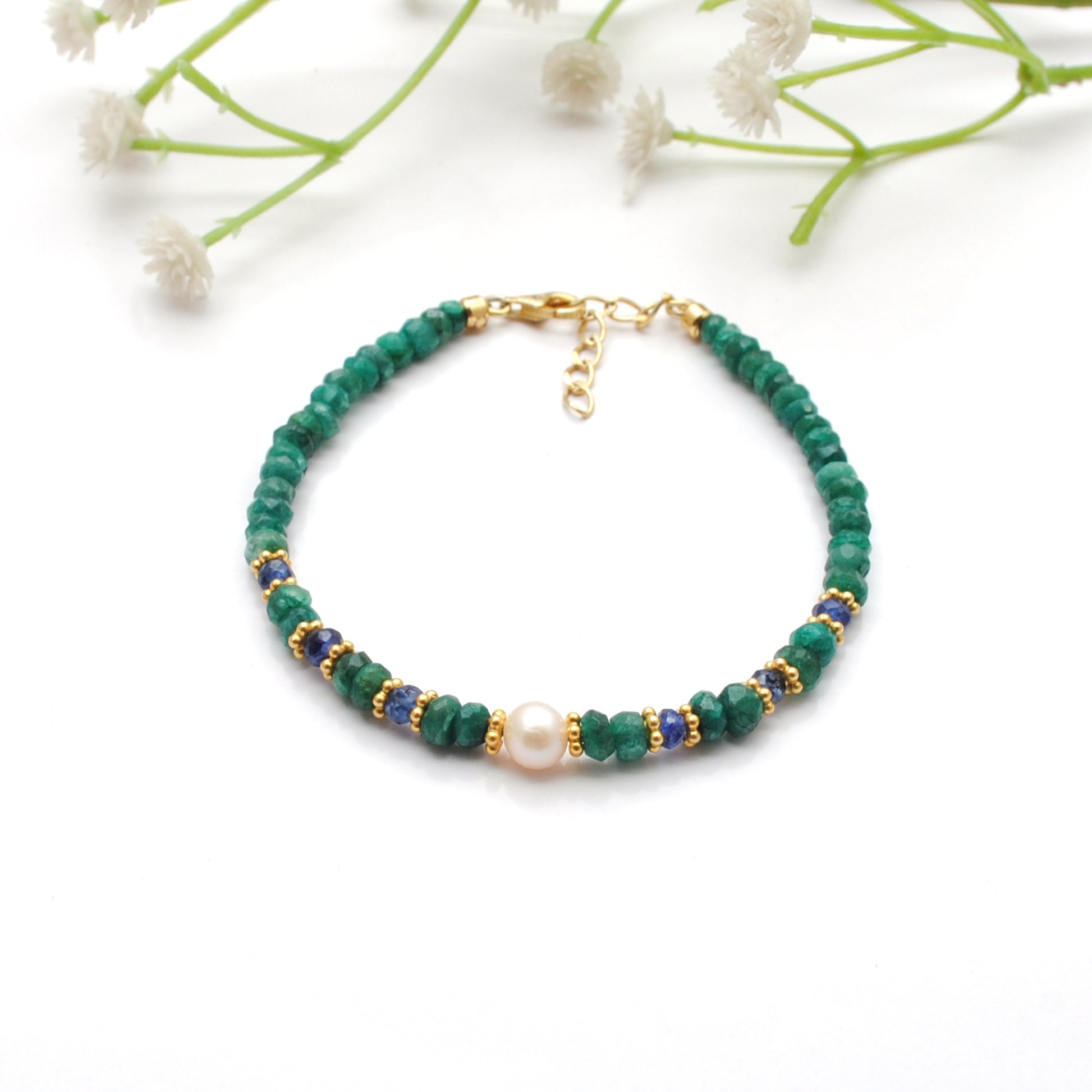 Handmade Emerald Sapphire Pearl Bracelet - Close-Up Bead Detail