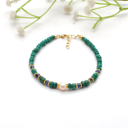 Handmade Emerald Sapphire Pearl Bracelet - Close-Up Bead Detail