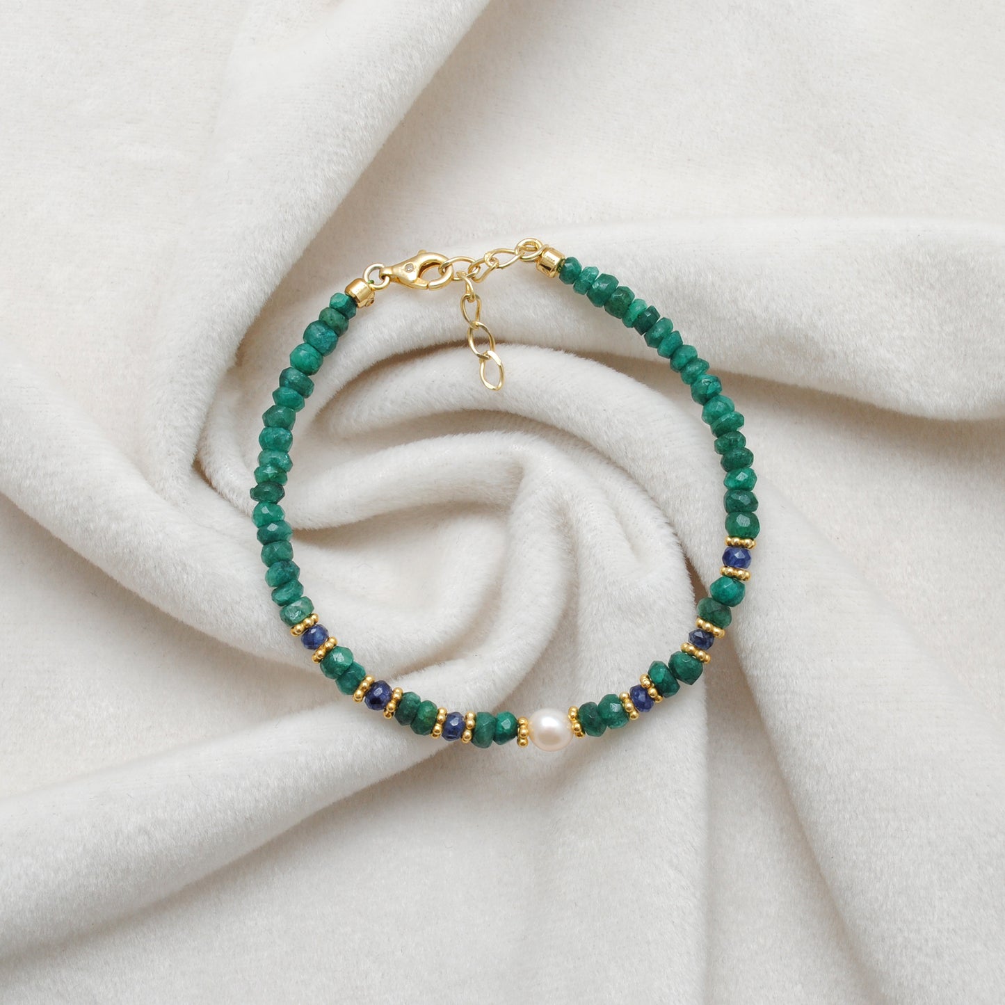 Handmade Emerald Sapphire Pearl Bracelet - Stacking Lifestyle View