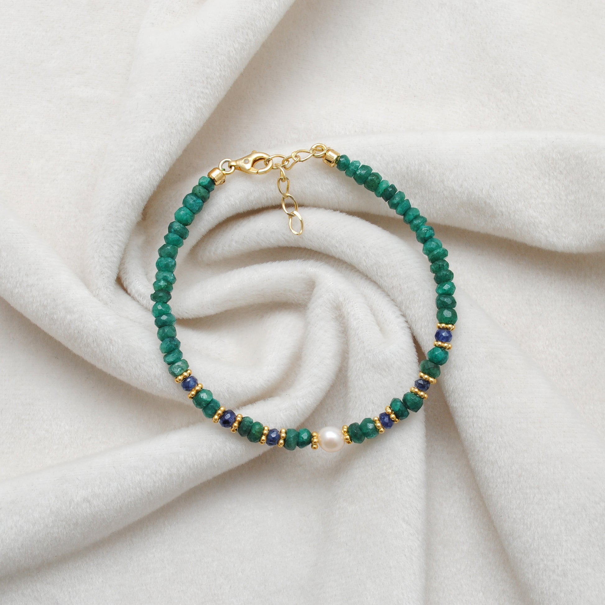 Handmade Emerald Sapphire Pearl Bracelet - Stacking Lifestyle View