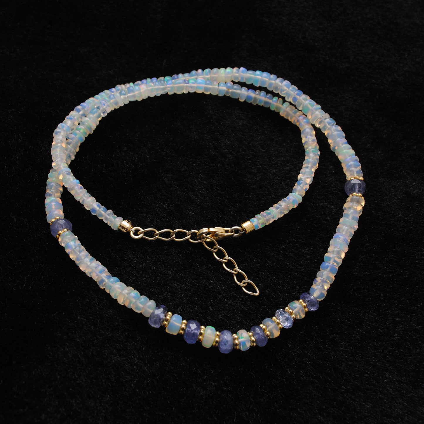 Handmade Ethiopian Opal Tanzanite Gold Necklace - Close-Up Detail