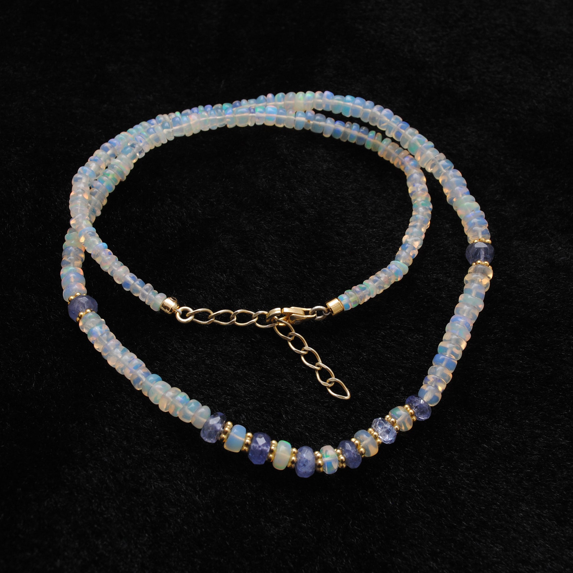 Handmade Ethiopian Opal Tanzanite Gold Necklace - Close-Up Detail
