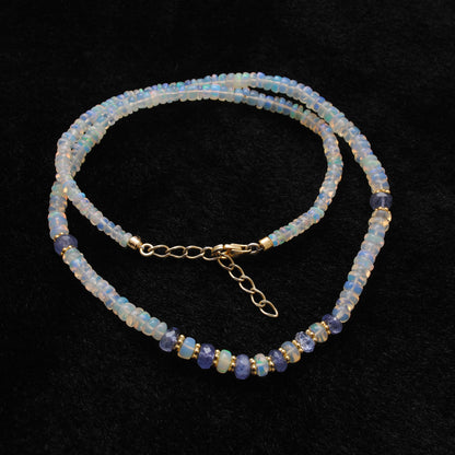 Handmade Ethiopian Opal Tanzanite Gold Necklace - Close-Up Detail