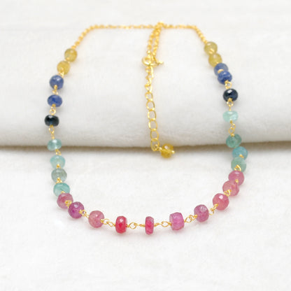 Handmade Multi-Color Sapphire 5mm Gold Necklace - Close-Up Bead Detail