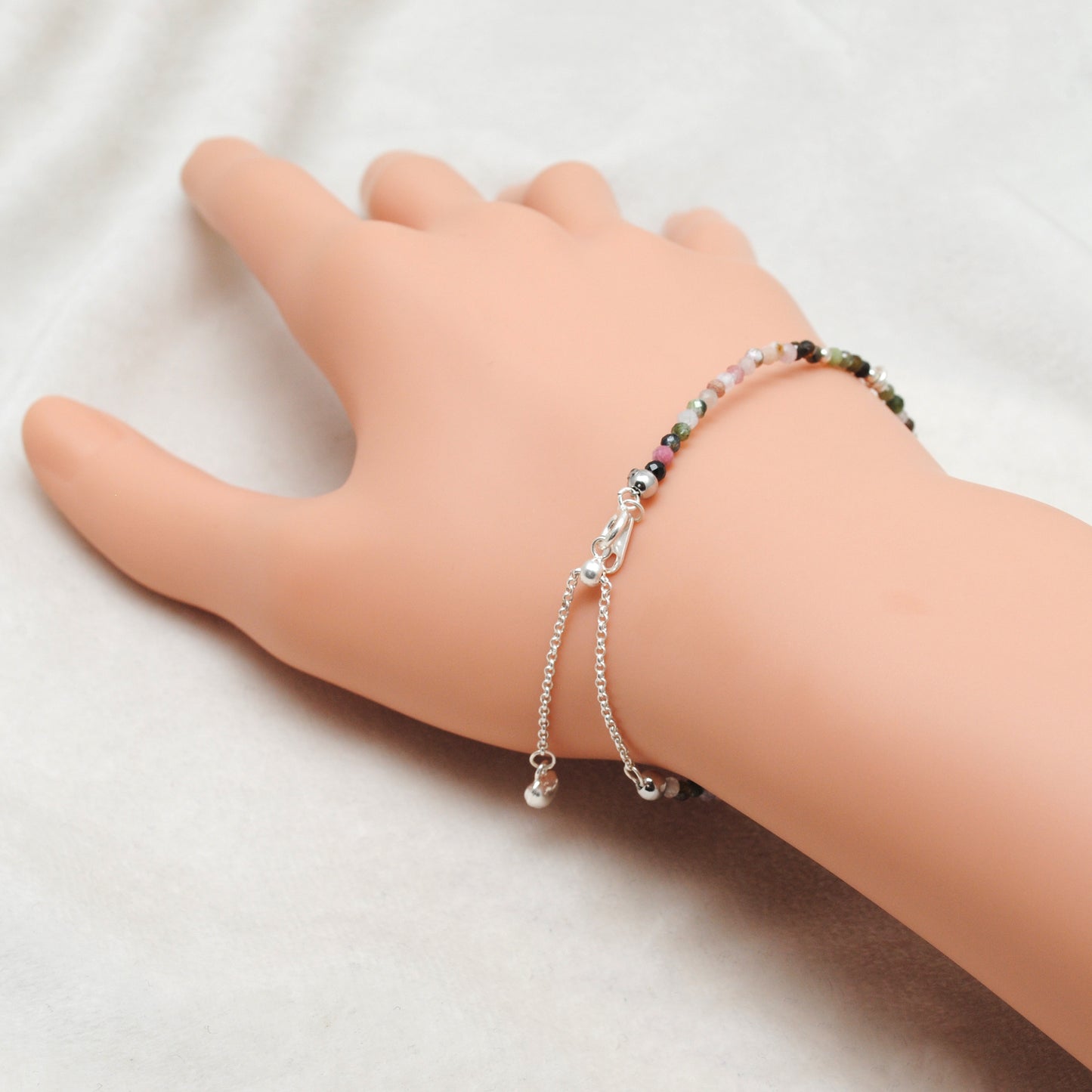 Handmade Multi Tourmaline 2mm Tiny Beaded Charm Bracelet - Close-Up Detail