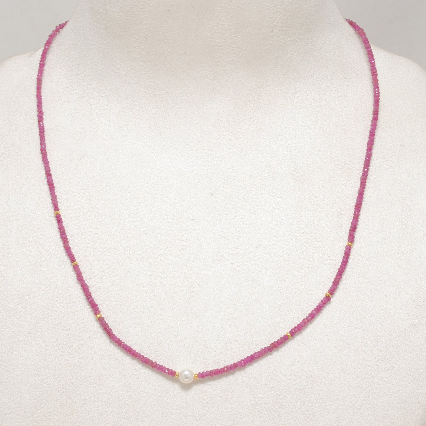 Handmade Natural Ruby Pearl Beaded Necklace - Close-Up Bead Detail