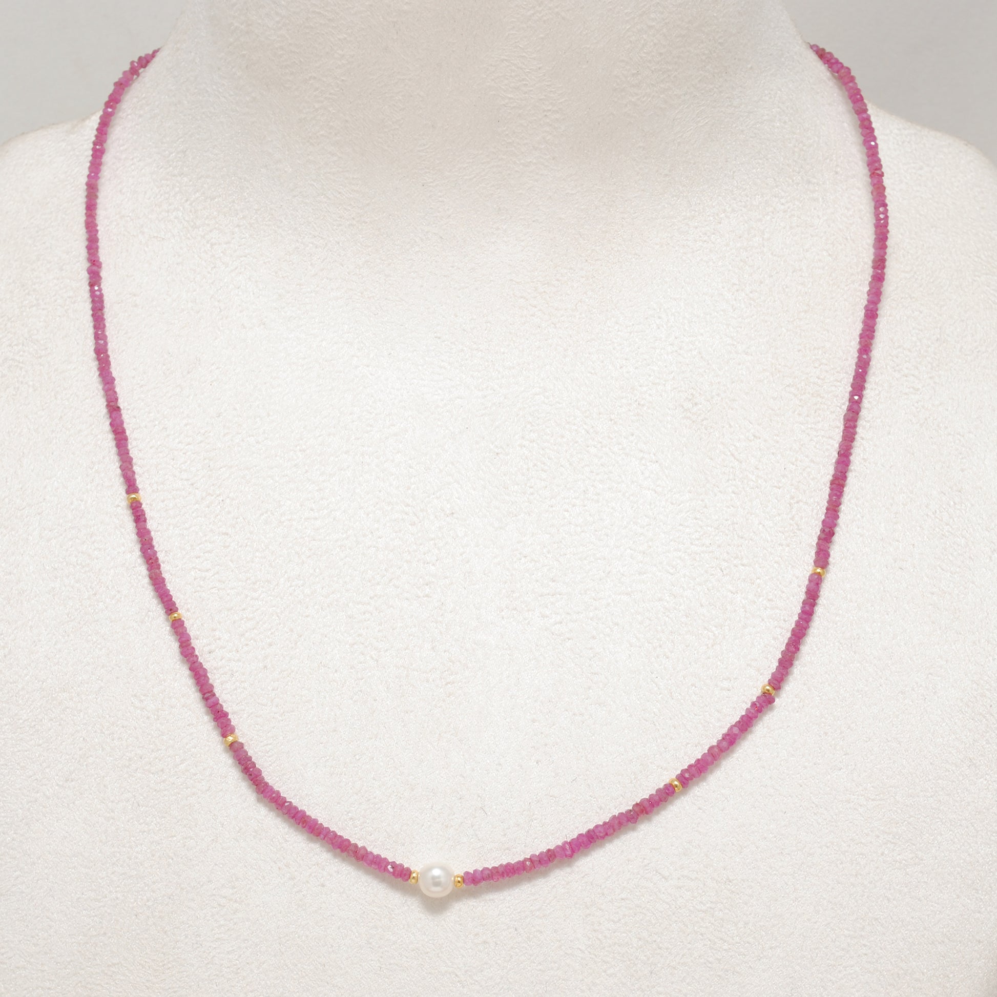 Handmade Natural Ruby Pearl Beaded Necklace - Close-Up Bead Detail