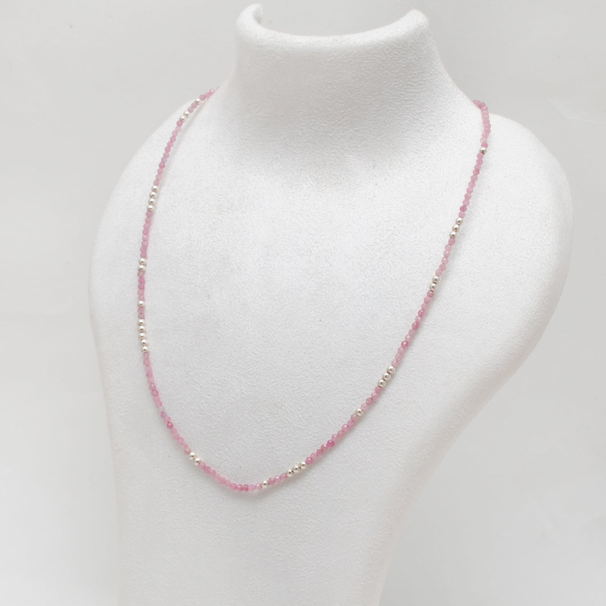 Handmade Pink Tourmaline Beaded Necklace - Lifestyle Styled View