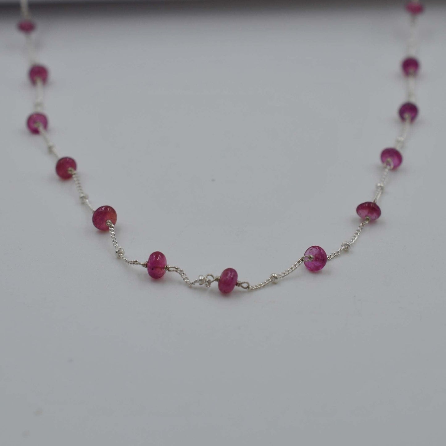 Handmade Ruby Beaded Silver Chain Necklace - Close-Up Ruby Beads