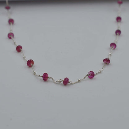Handmade Ruby Beaded Silver Chain Necklace - Close-Up Ruby Beads