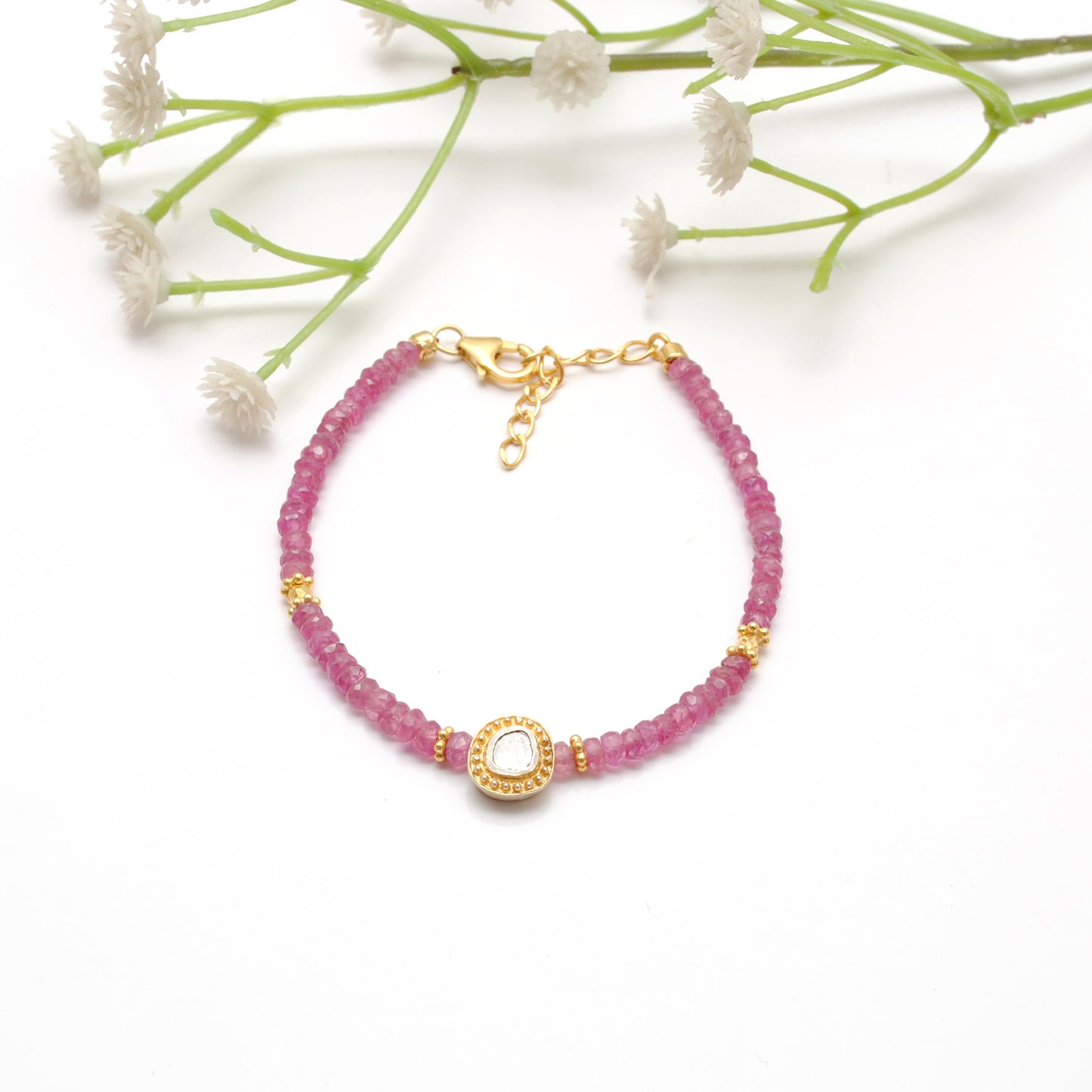 Handmade Ruby Diamond Beaded Bracelet - Close-Up Bead Detail